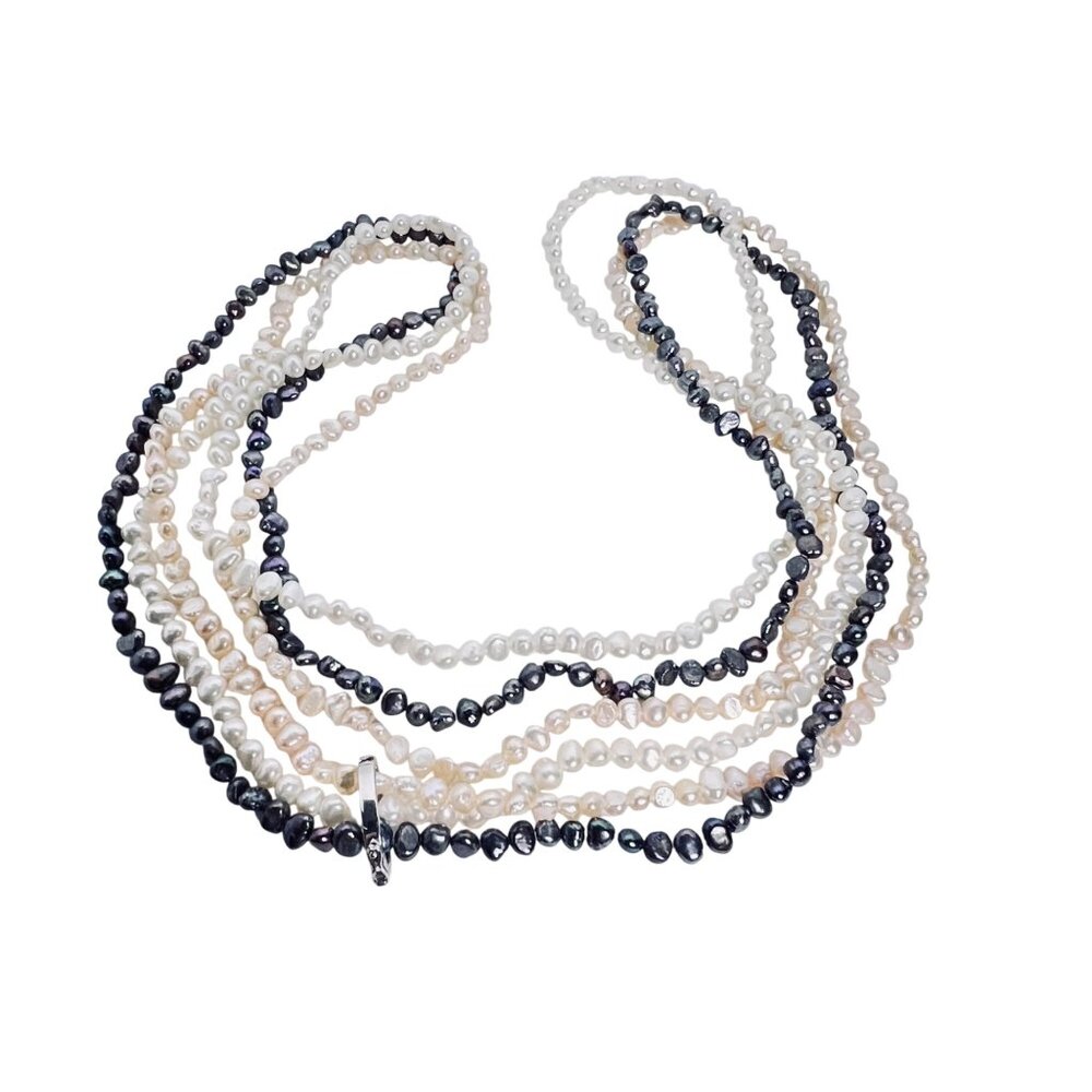Set Of 3 Freshwater Pearl Necklaces White Cream & Black W/Sterling Clamp (5881) - Picture 5 of 7